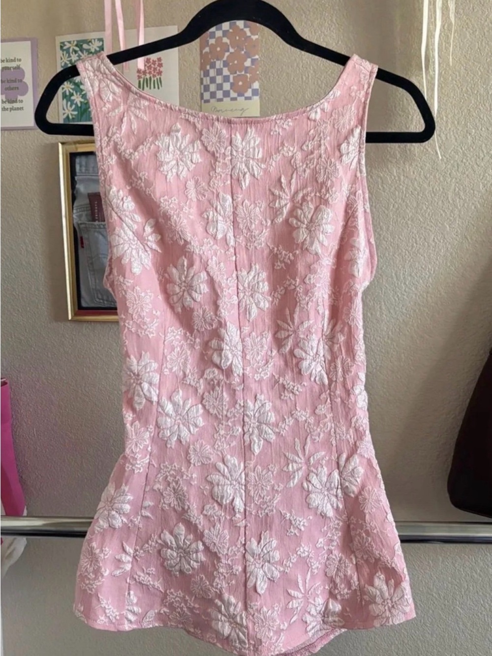 Women's Pink Floral Embroidered Tank Dress